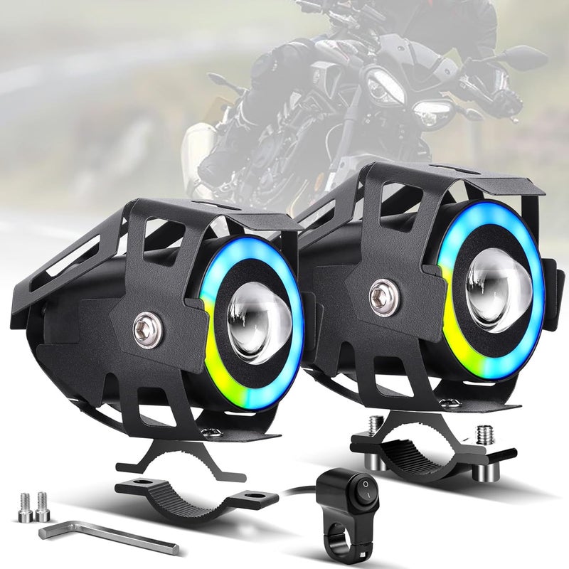PAKRYS Motorcycle Driving Lights with Cutoff Line U9 LED Fog Lights with High Low Strobe Beam Halo Rings White Central with U9 Running DRL Switches Clamps Universal LED Spotlights Driving Lights 2 Packs - Image 1